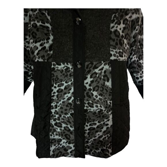 Midnight Velvet Quilted Mixed Media Gray Black Leopard Thigh Length Jacket - Picture 10 of 15